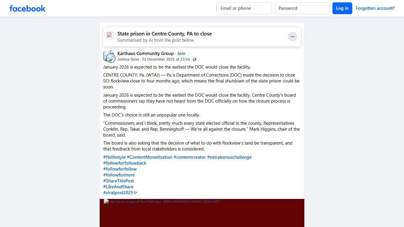 Karthaus Community Group | January 2026 is expected to be the earliest the DOC would close the facility | Facebook