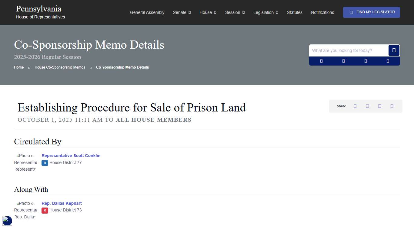 House Co-Sponsorship Memo 47453 Information; 2025-2026 Regular Session - PA House of Representatives