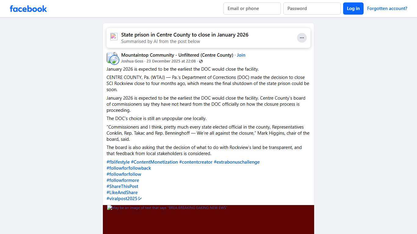 Mountaintop Community - Unfiltered (Centre County) | January 2026 is expected to be the earliest the DOC would close the facility | Facebook